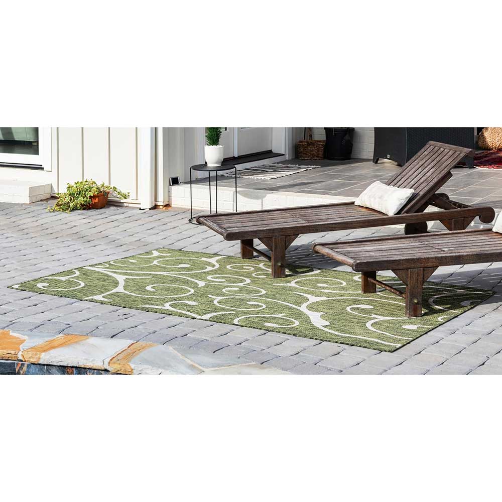 Outdoor Teppich Oliv Lixiam mit Ornament Muster in Cremefarben