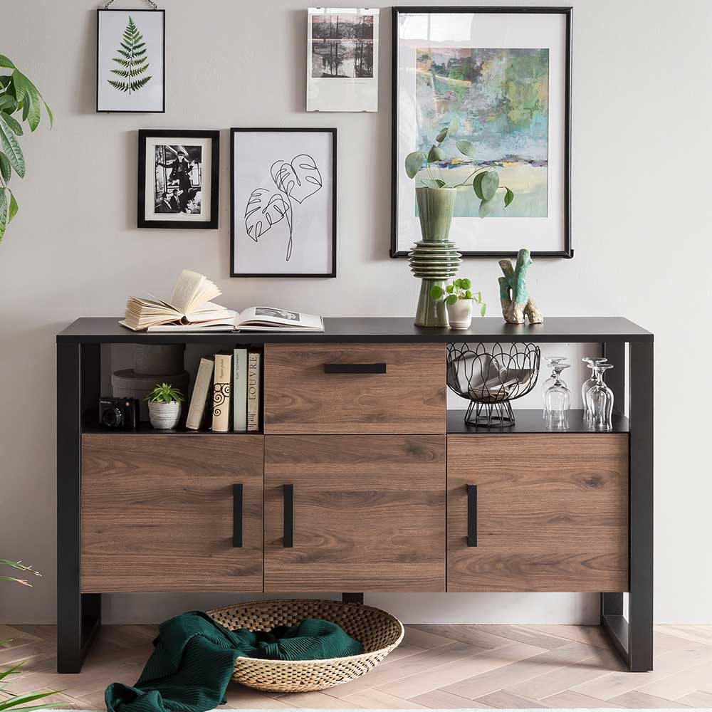 Teiloffenes Sideboard Besi in Nussbaumfarben und Schwarz