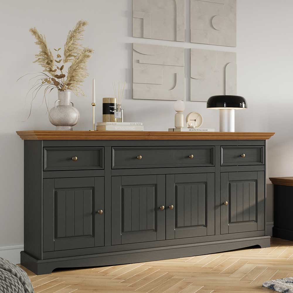 Landhaus Sideboard Zuverno in Grau und Eichefarben 167 cm breit