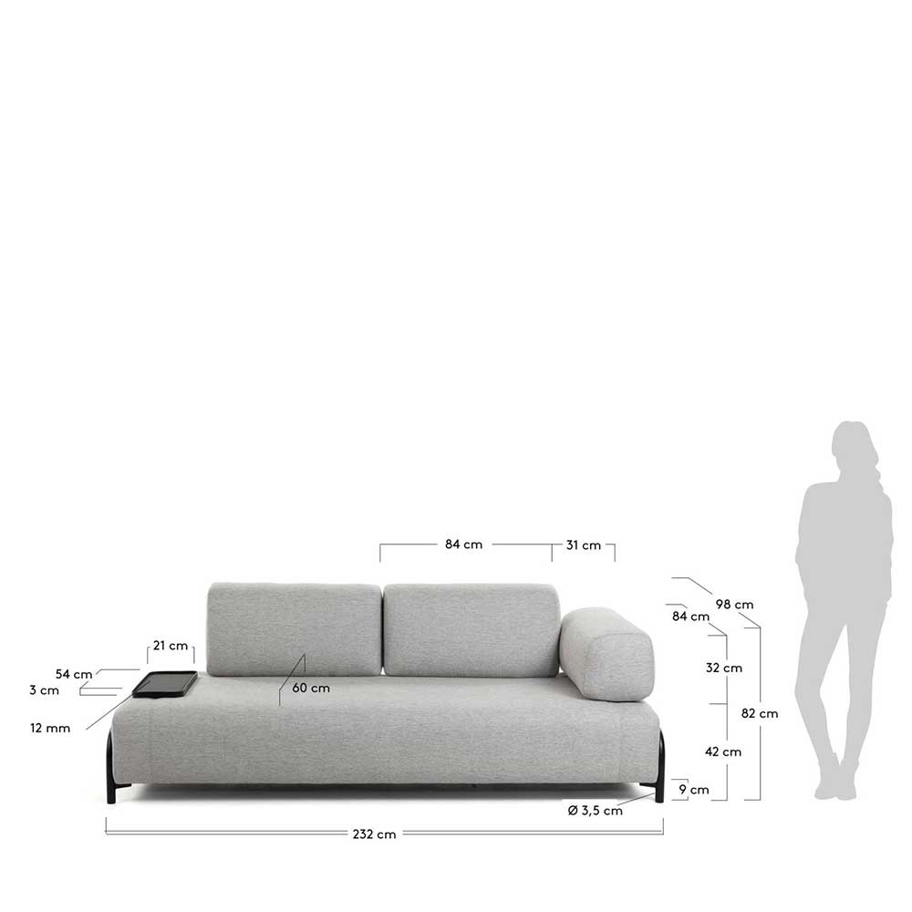 Designer Couch Gronas in Hellgrau mit steckbarem Tisch & Lehnen