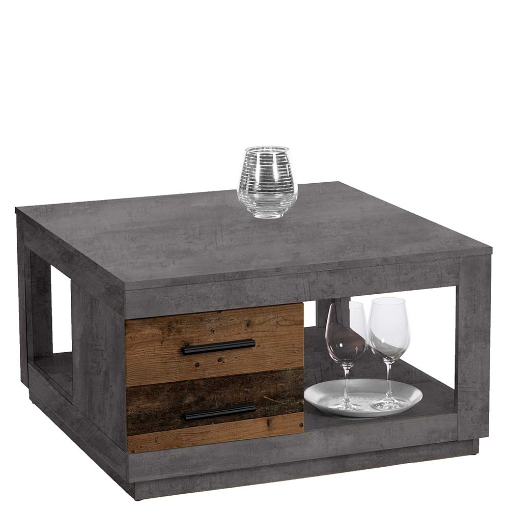 Moderner Couchtisch Lakeside in Beton Grau und Holz Optik 80x80 cm