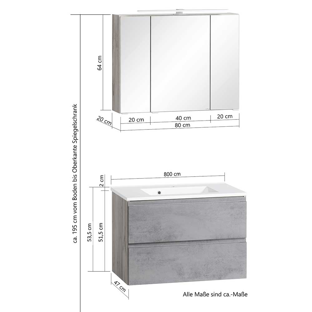 Waschtisch und Spiegelschrank Lactona in Weiß 80 cm breit (zweiteilig)