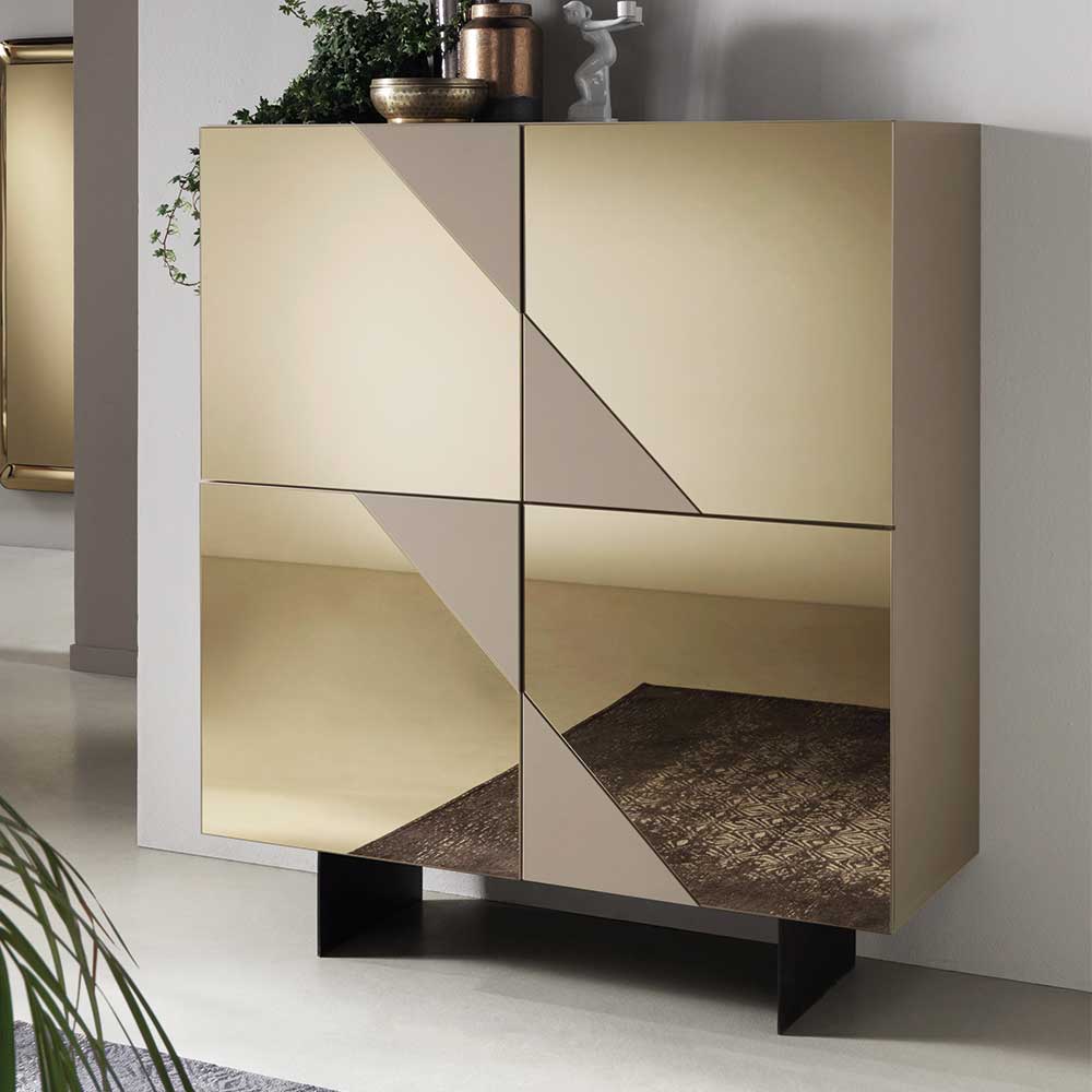 Design Highboard Tsinati in Taupe und Bronze mit Spiegelglas