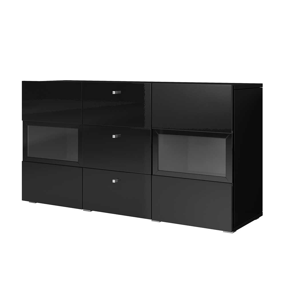 Schwarzes Sideboard Lucky mit Glastüren - Hochglanz Front