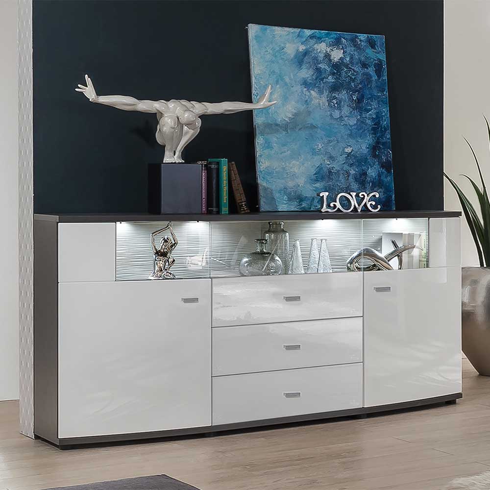 160 cm Sideboard Indyron in Weiß Hochglanz und Anthrazit