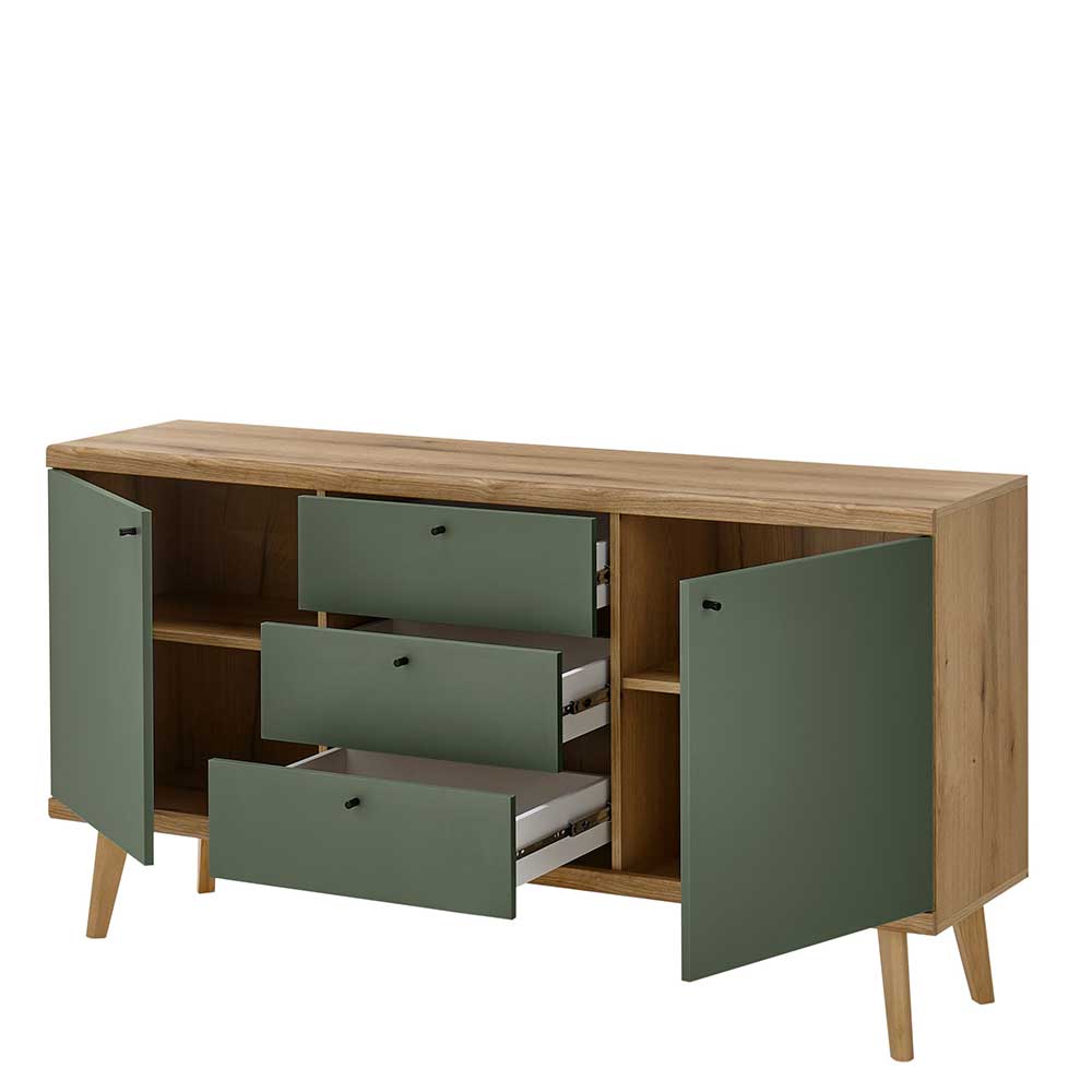 Skandi Design Esszimmersideboard Lora in Graugrün und Wildeichefarben