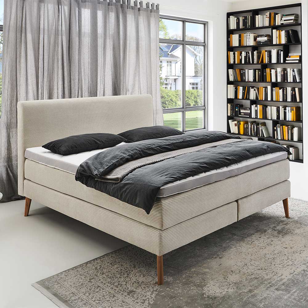 Boxbett Beige 140x200 cm Halolas mit Vierfußgestell aus Eiche Massivholz