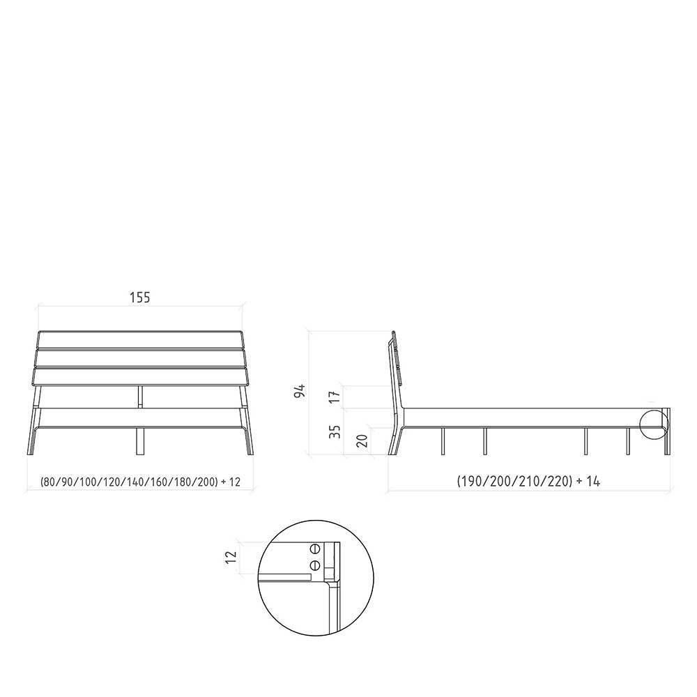 Holzbettgestell Gabrun aus Wildeiche Massivholz in modernem Design