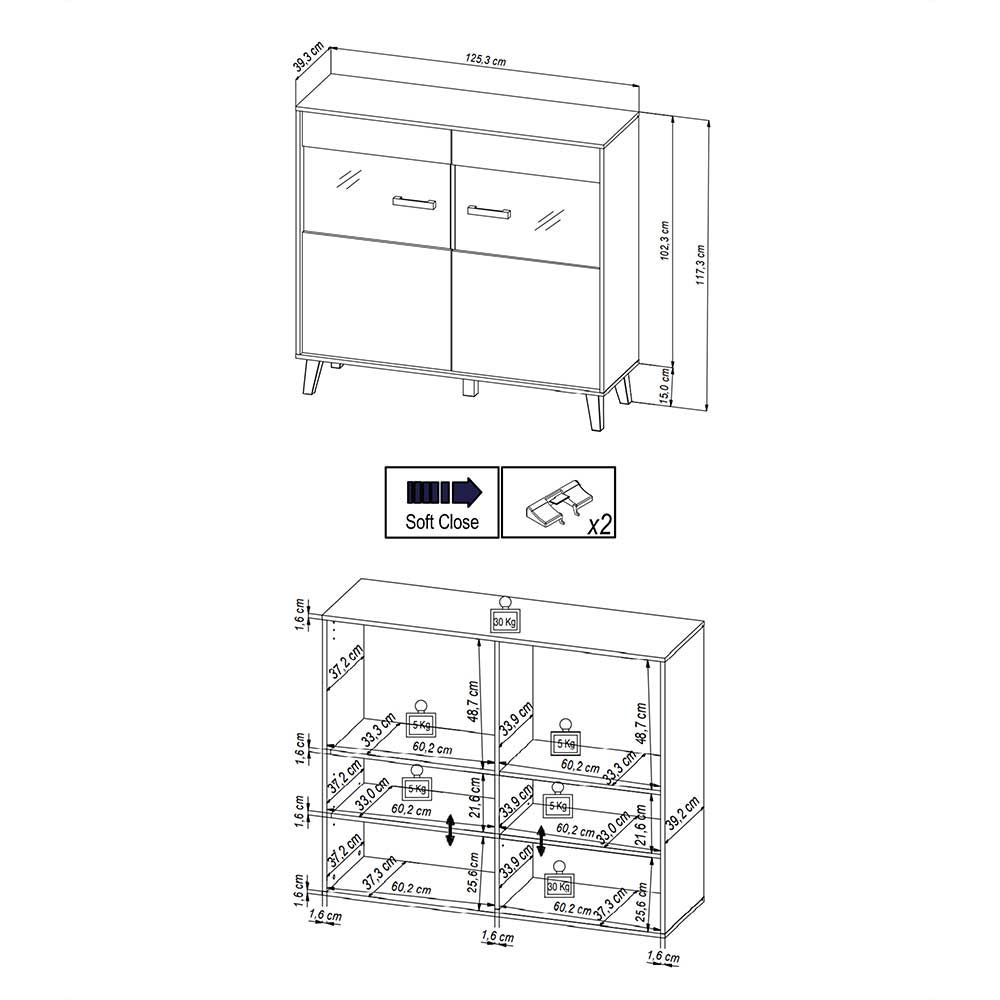 Highboard Vitrine Liazuria mit Glastüren in Schwarz & Wildeichefarben