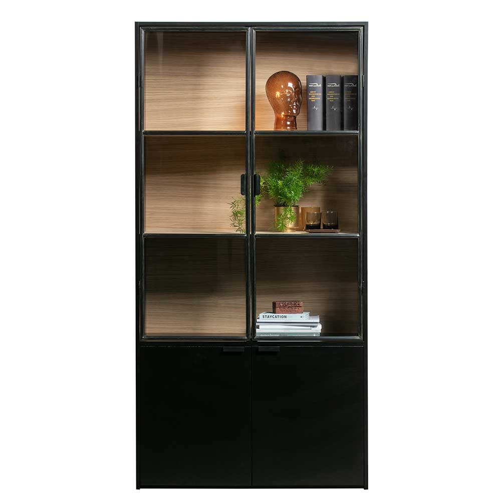 Moderne Vitrine Claros in Schwarz und Kieferfarben 200 cm hoch