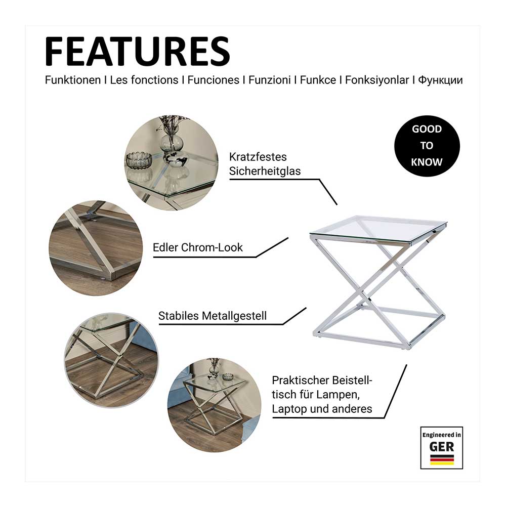 Beistelltisch Viestas in Chromfarben aus Metall und Glas