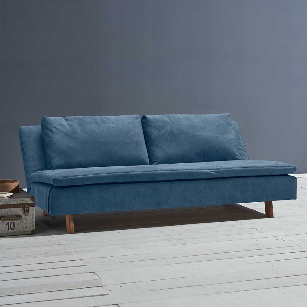 Blaues 2er Schlafsofa Coltes aus Microvelour und Eiche Massivholz