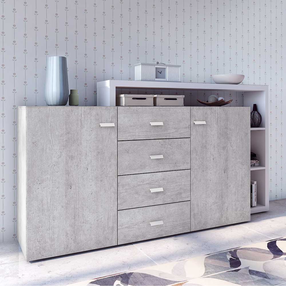 Wohnzimmer Sideboard Plane in Beton Grau und Weiß mit vier Schubladen