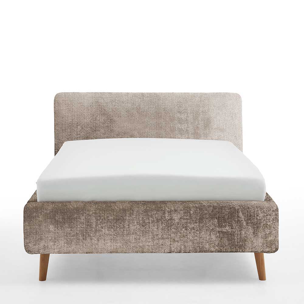 Gepolstertes Doppelbett Pierette in Beige mit Vierfußgestell aus Eiche