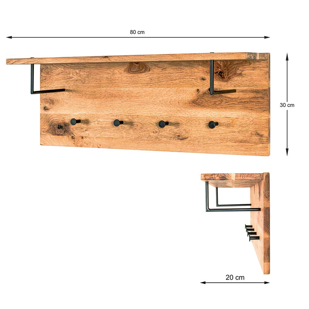 Holz Wandgarderobe Between mit Hutablage und Stangen aus Eiche und Metall