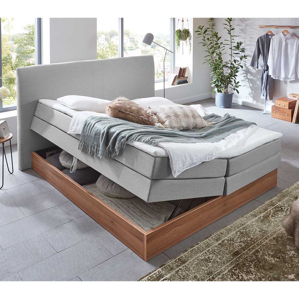 Stauraum Boxspring Bett Kara in Grau und Walnussfarben