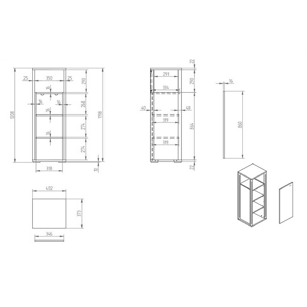 Schmales Highboard Inglis in Grau und Anthrazit