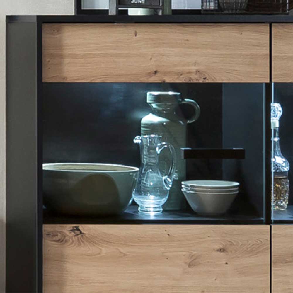 Highboard Vitrine Liazuria mit Glastüren in Schwarz & Wildeichefarben