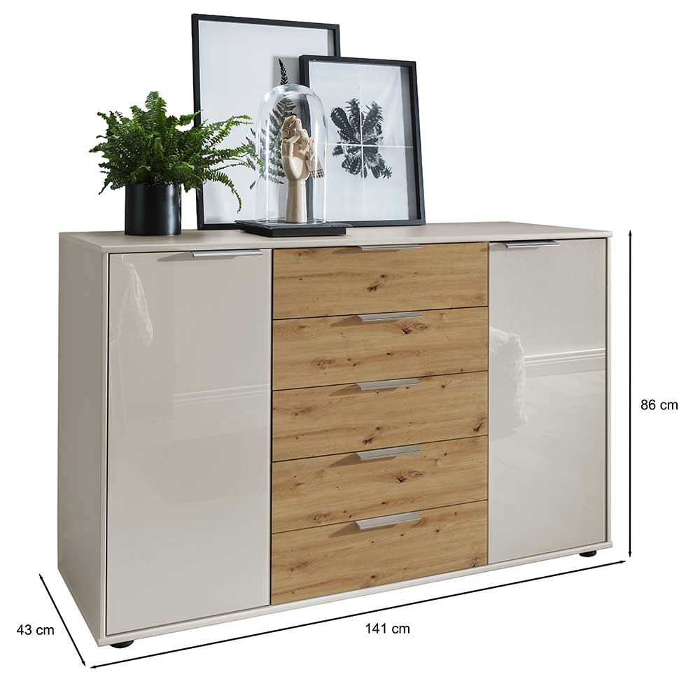 Esszimmer Sideboard Tecasun in Eiche Bianco & Beige mit fünf Schubladen