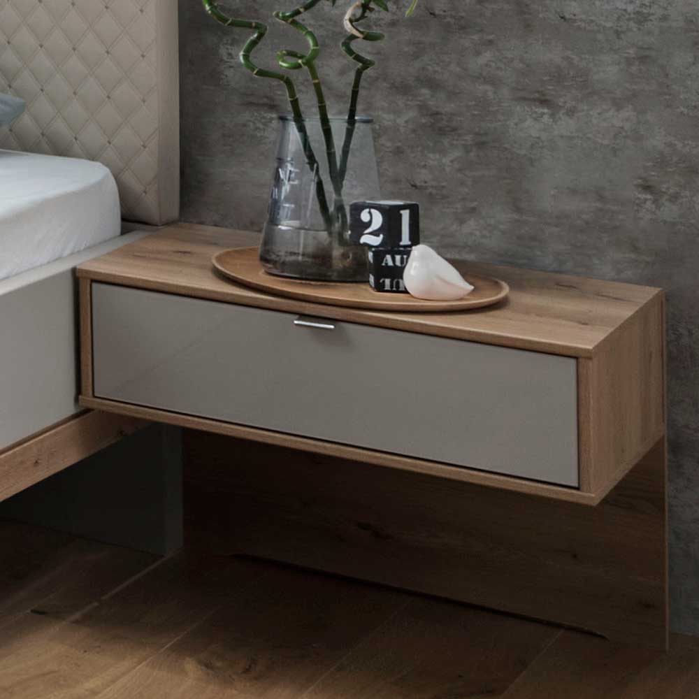 Ehebett Privira in Beige und Eiche Bianco mit Glas beschichtet (dreiteilig)