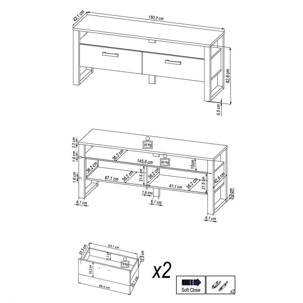 TV Lowboard klein Besi in Nussbaumfarben und Schwarz