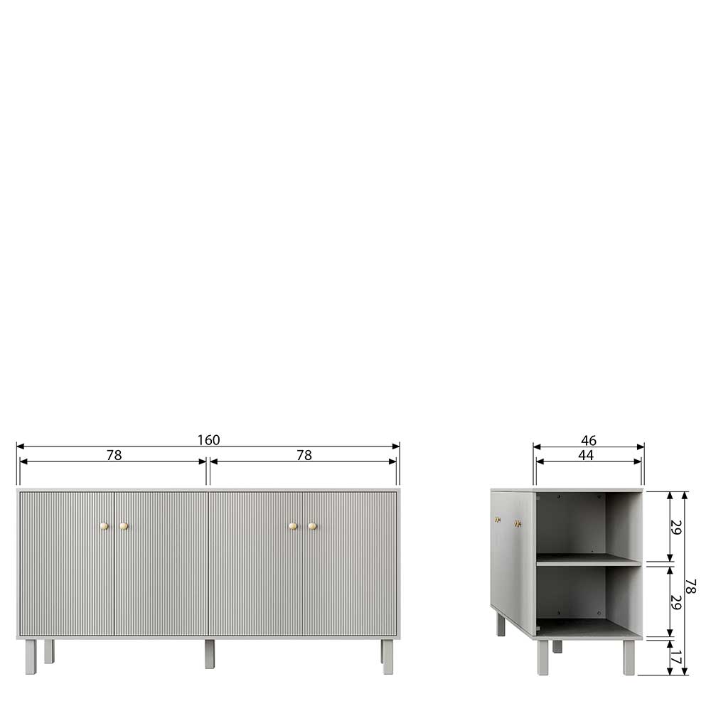 Skandi Design Esszimmersideboard Novelya in Grau mit Massivholztüren