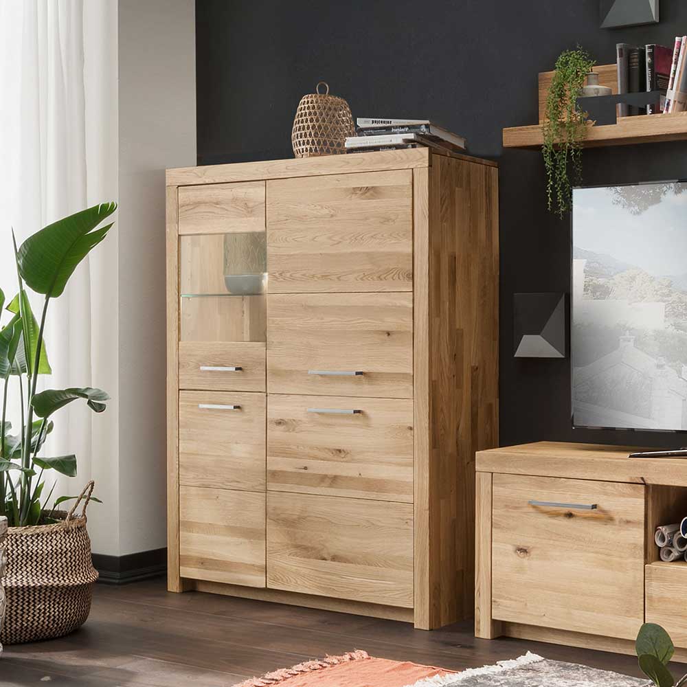 Wildeiche Highboard Divrina aus Massivholz mit Glastür