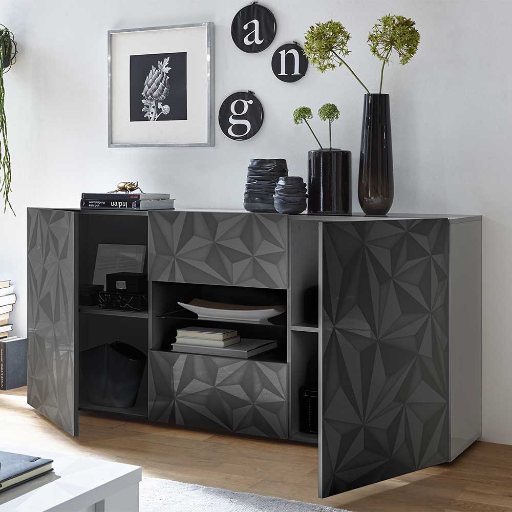 Modernes Sideboard Abexa in Hochglanz Anthrazit mit zwei offenen Fächern