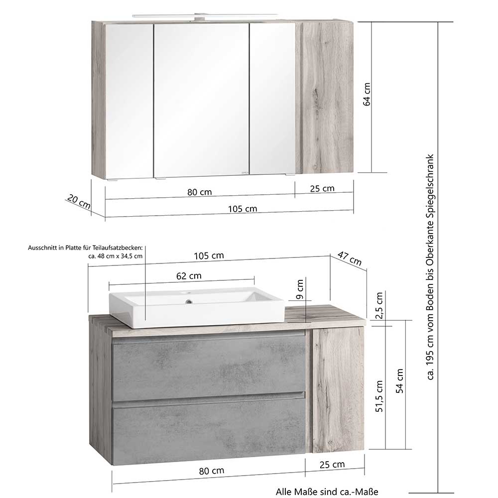 Badezimmermöbel Set Lactona mit Spiegelschrank und LED Beleuchtung (zweiteilig)