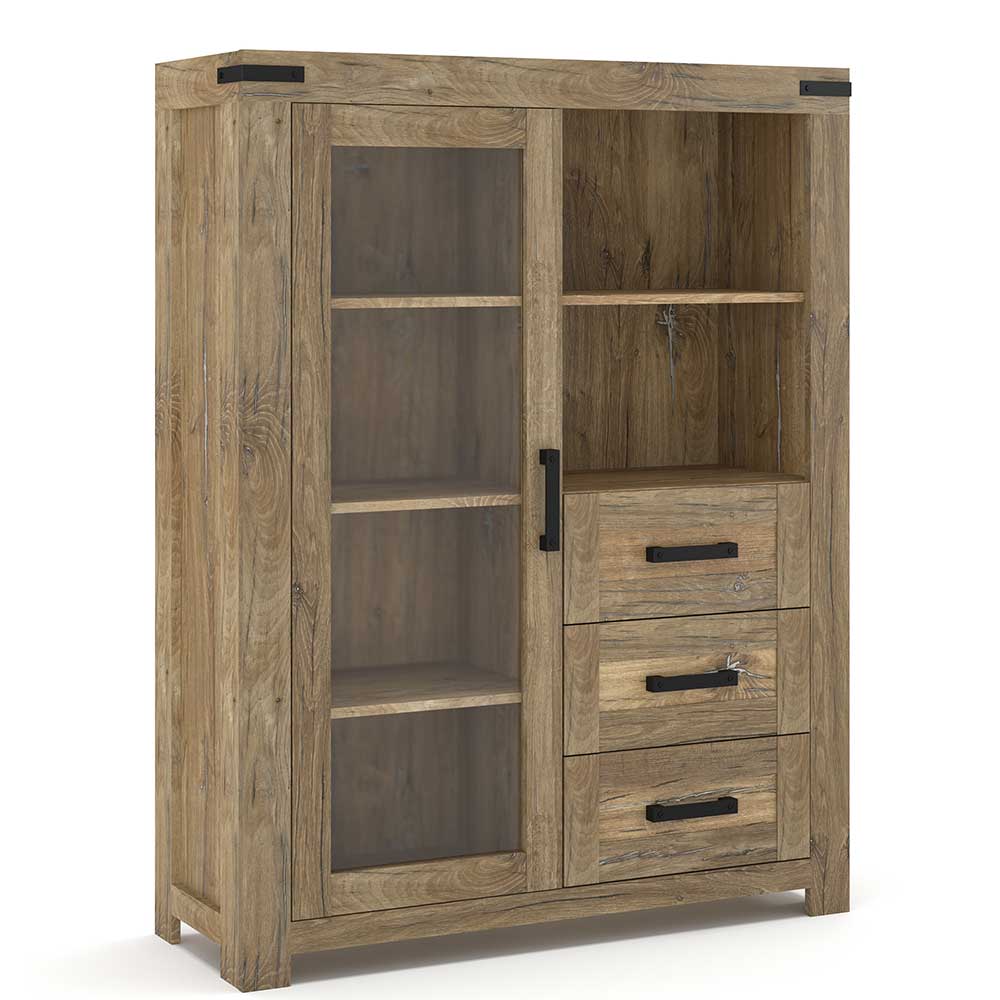 Landhausstil Highboard Vitrine Kofi in Eiche dunkel mit drei Schubladen