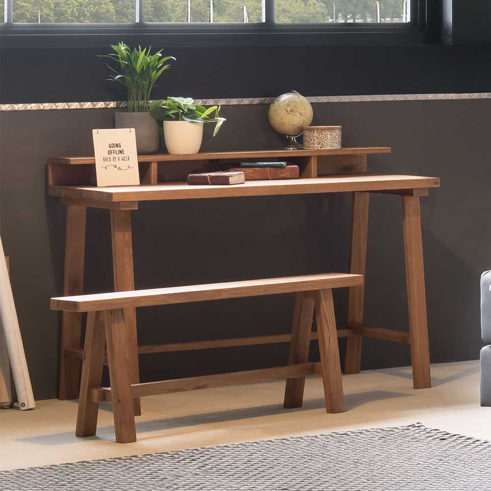 Wildeiche Massivholz Schreibtisch Gomeria im Retrostil 120 cm breit