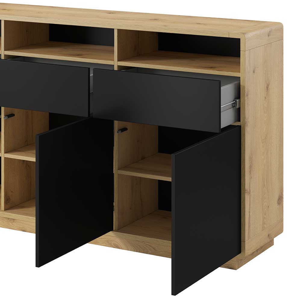 Wohnzimmer Sideboard Sismail in Wildeichefarben und Schwarz 180 cm breit