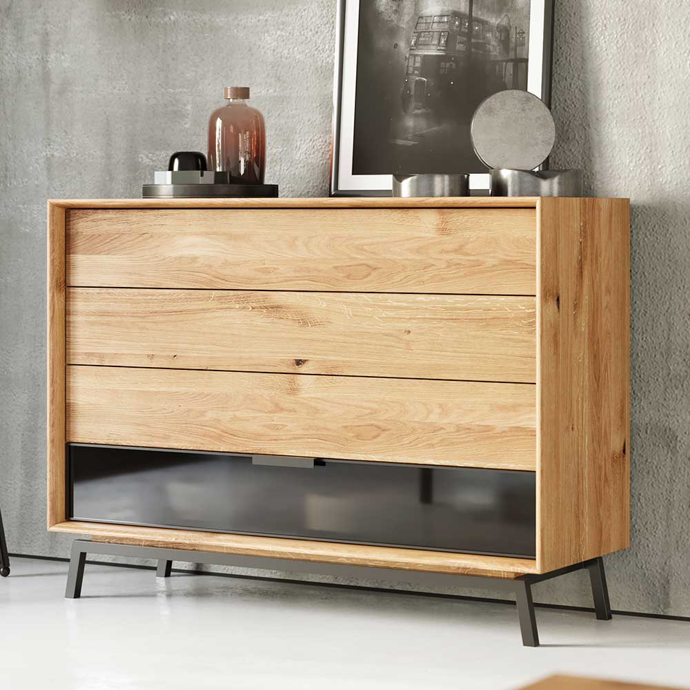 Sideboard Cumbano im Loft Stil aus Eiche Massivholz und Glas