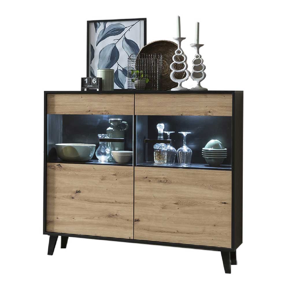 Highboard Vitrine Liazuria mit Glastüren in Schwarz & Wildeichefarben