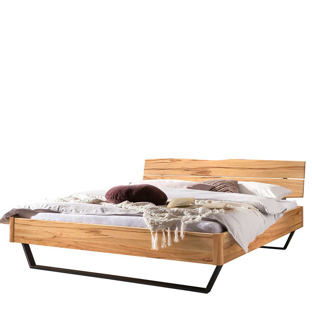 Wildbuche Doppelbett Ubasta mit Metall Bügelgestell im Loft Stil