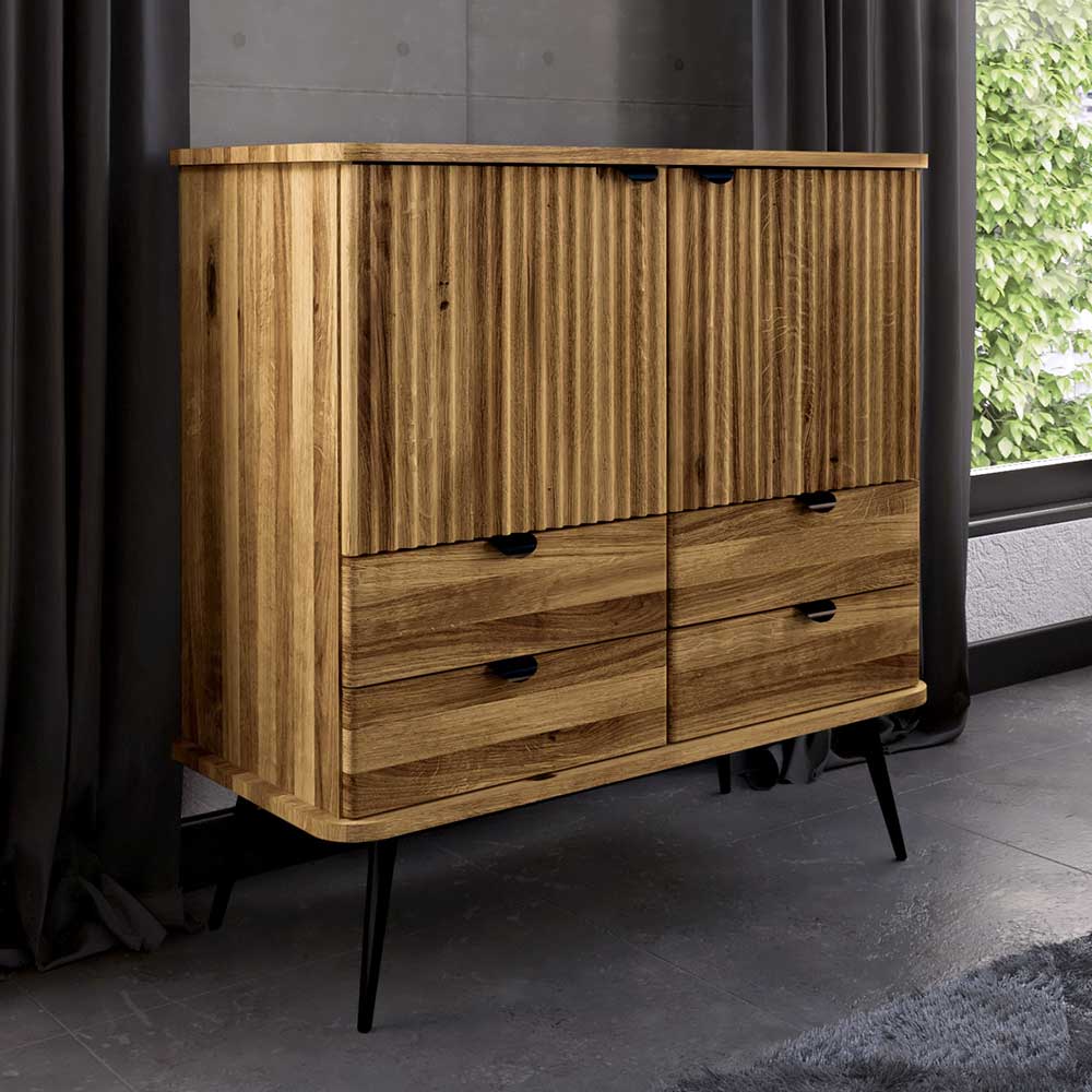 Highboard Clantica mit vier Schubladen aus Wildeiche Massivholz