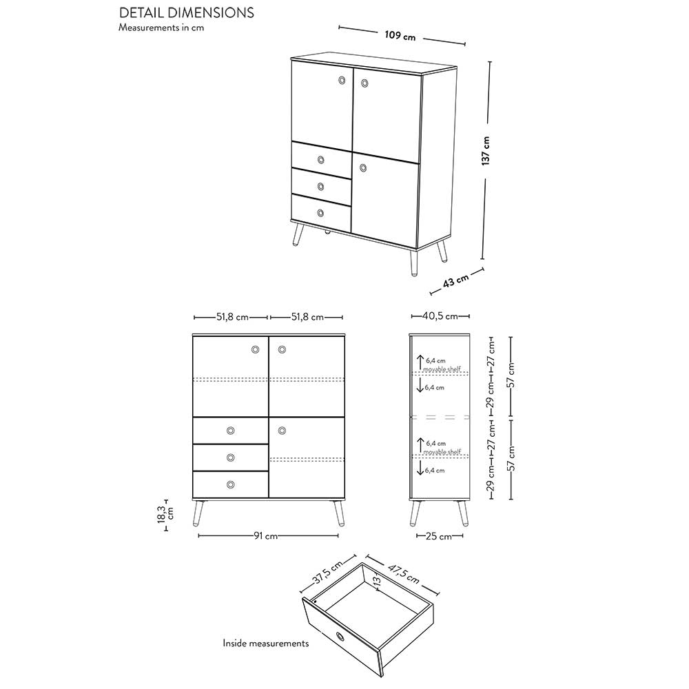 Highboard Durioscos in Taupe und Eiche mit Push to open Funktion