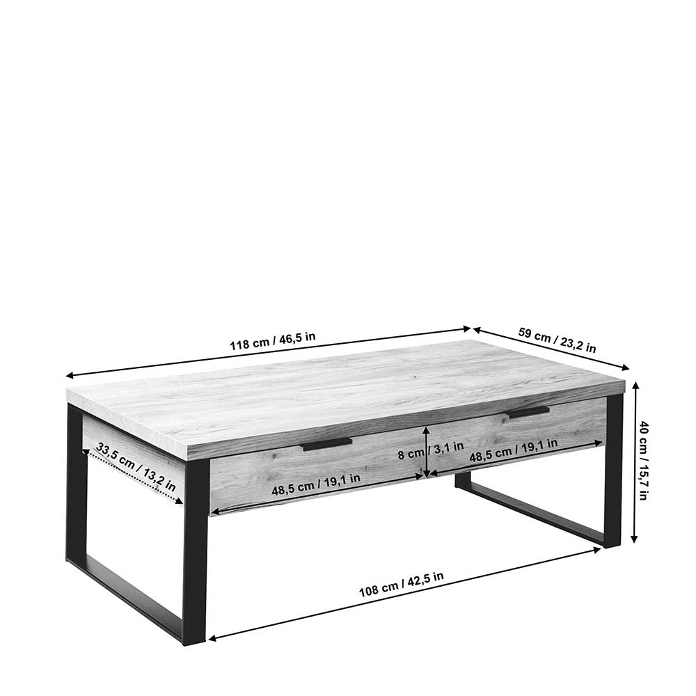 Couchtisch Laraina mit zwei Schubladen im Industry und Loft Stil