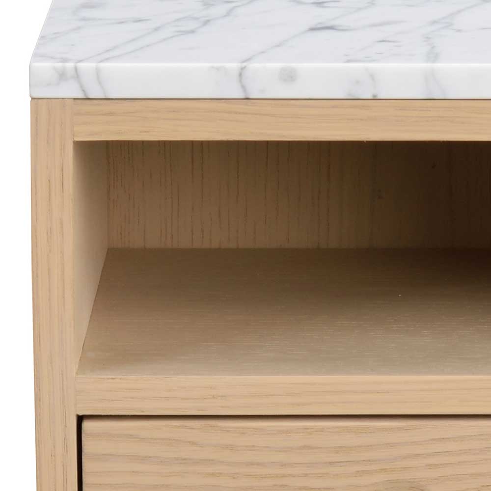 Nachttisch Kommode Mangoa in Holz White Wash mit Marmorplatte