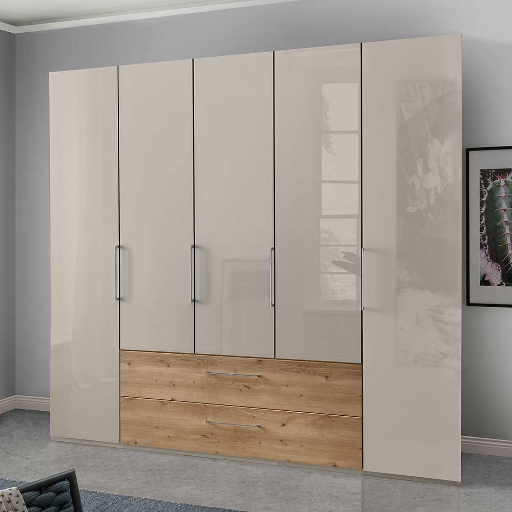 Kleiderschrank Glasfront Cruzca in Beige Schubladen Eiche Bianco