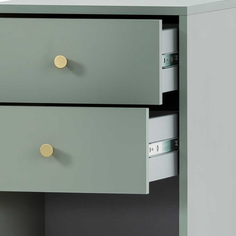 Modernes Bad Highboard Pierce in Graugrün und Goldfarben