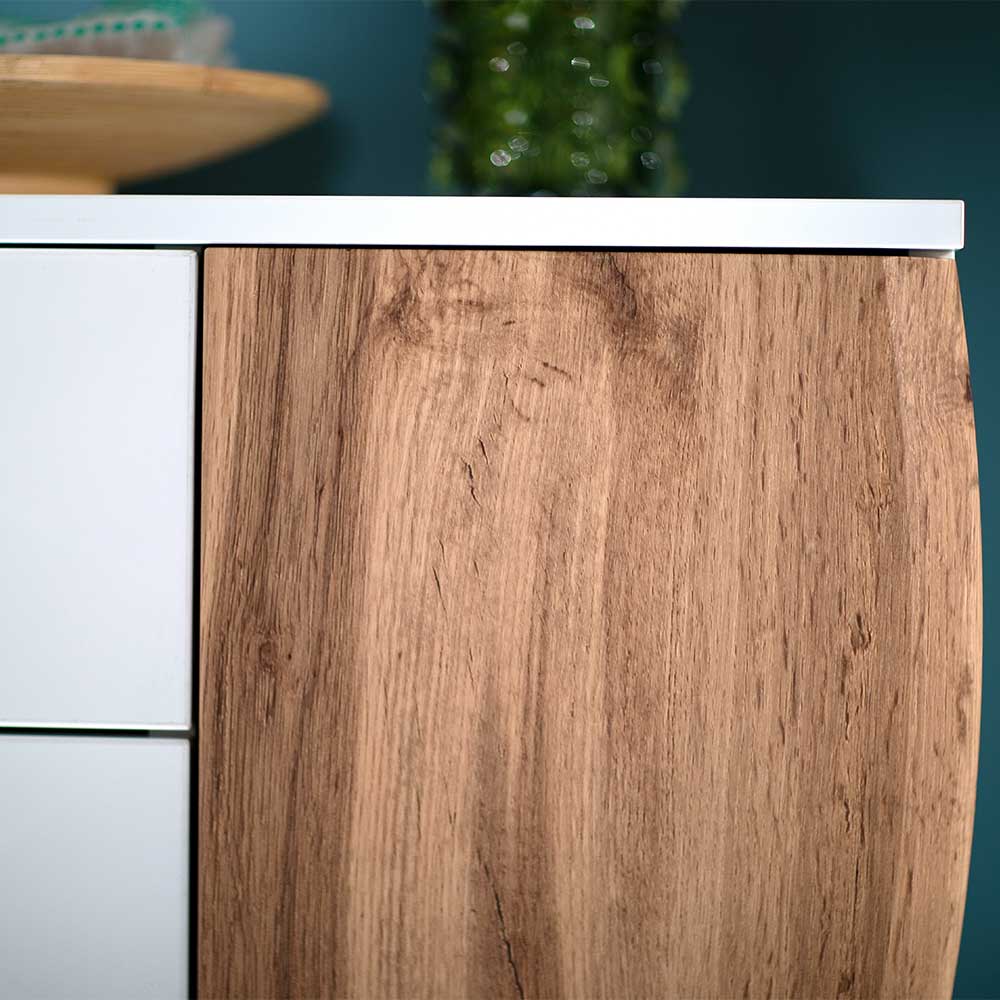 Modernes Sideboard Dravoia in Weiß Hochglanz und Wildeiche Optik mit drei Schubladen