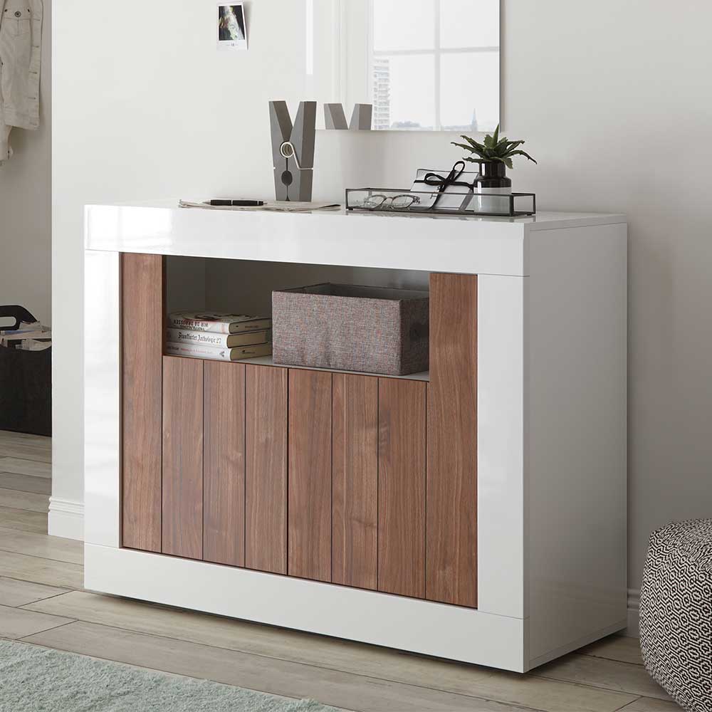 Design Sideboard Tias in Nussbaumfarben und Weiß Hochglanz 110 cm breit