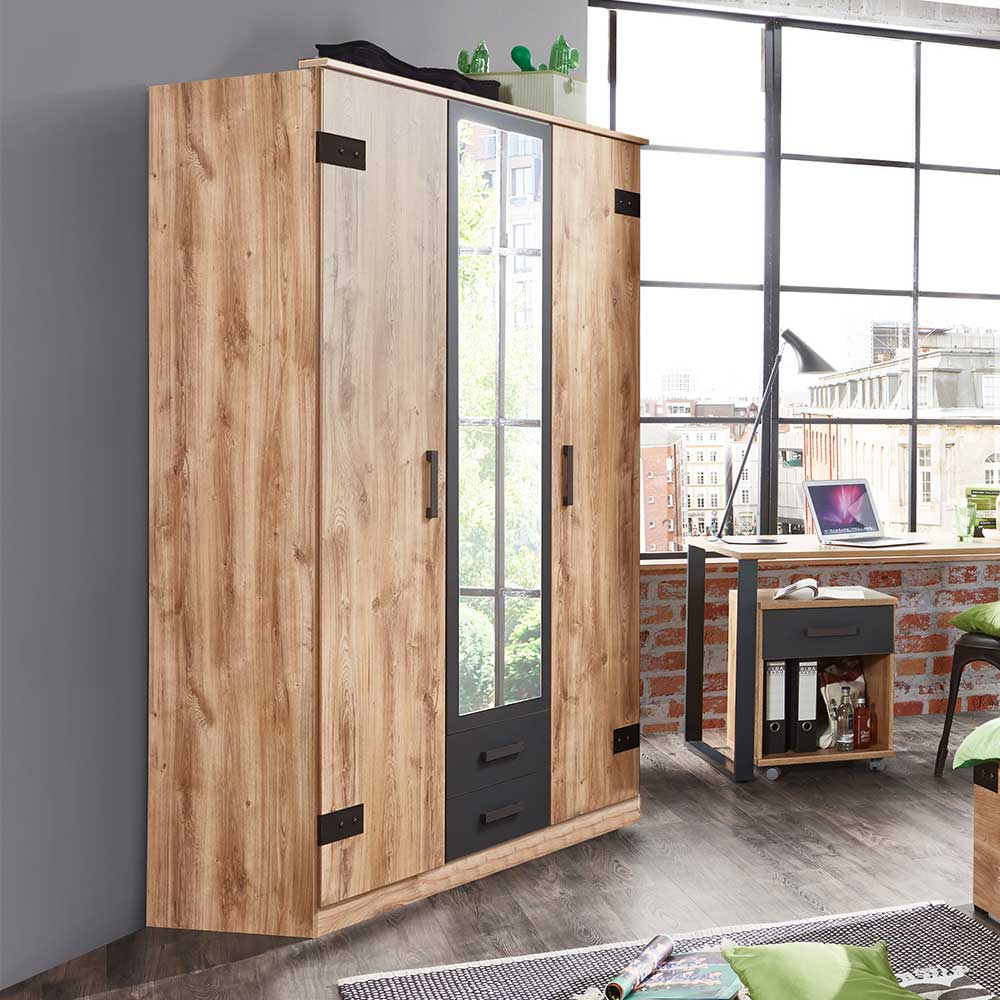 Kleiderschrank mit Spiegel Lilames im Industry und Loft Stil 135 cm breit