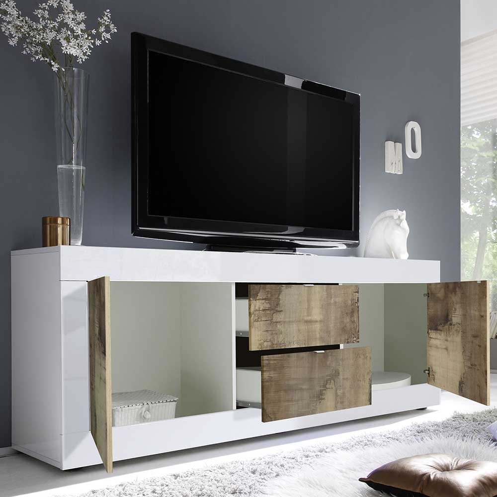 Modernes TV Sideboard Yuelva in Weiß und verwitterter Holz Optik 2 türig