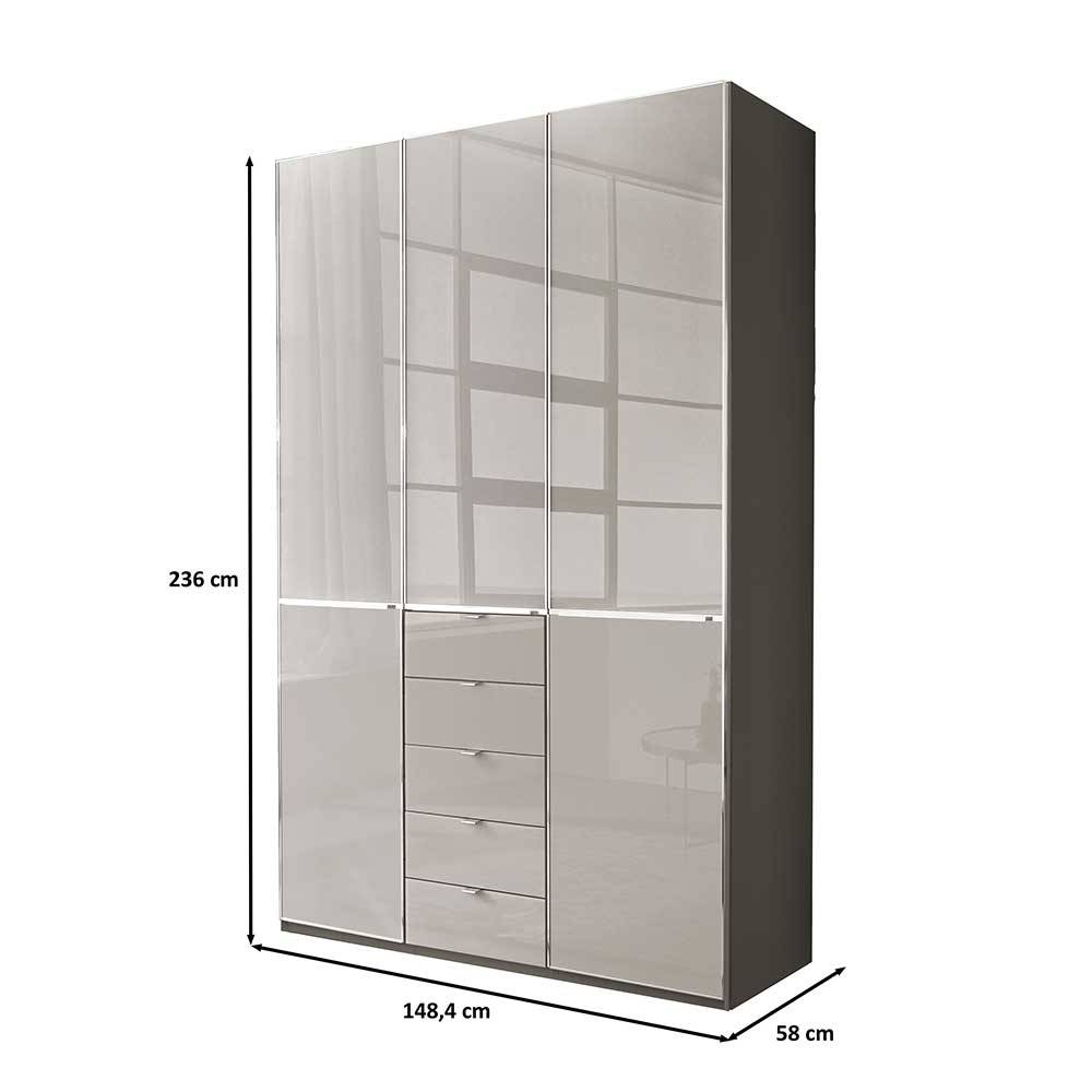 Schlafzimmerschrank modern Sanctos mit fünf Schubladen Front glasbeschichtet