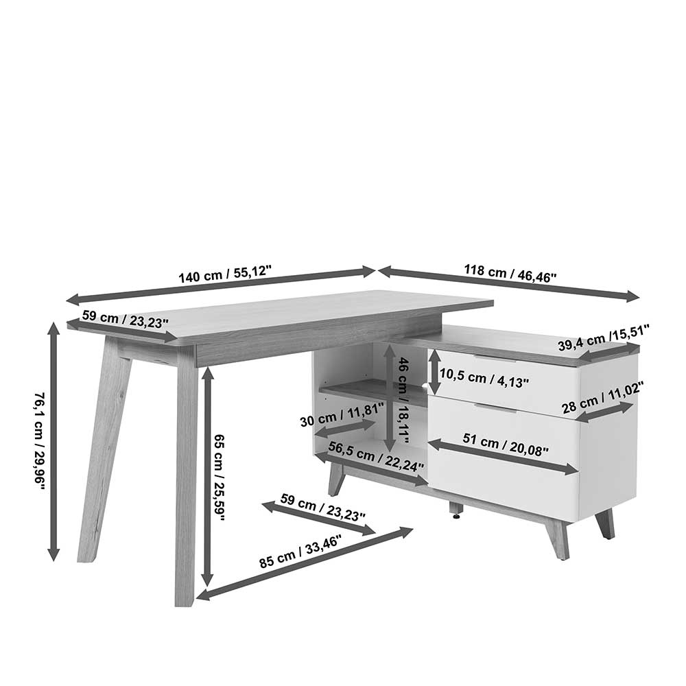 Eckschreibtisch Hajelua mit drei Schubladen im Skandi Design