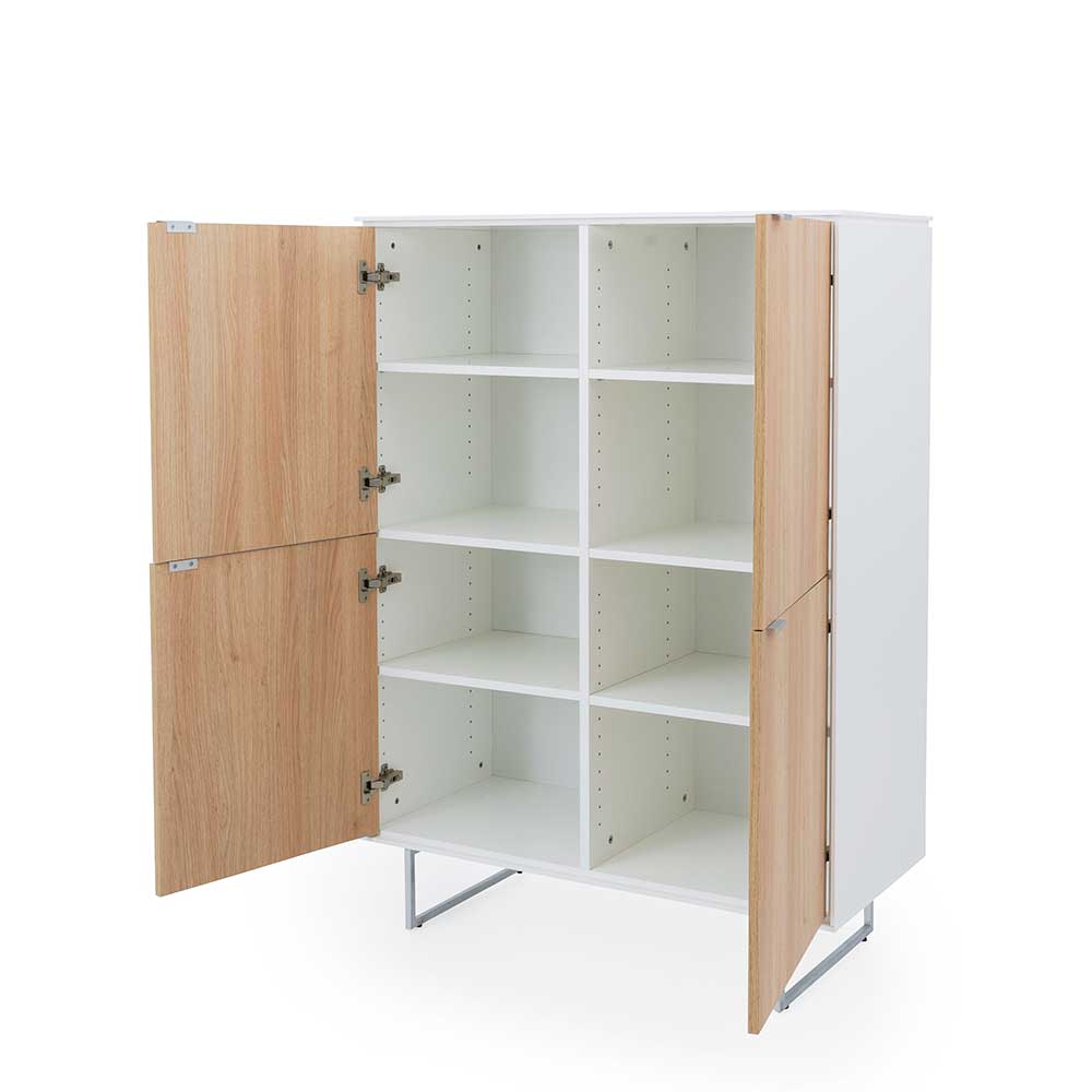 Highboard Unvela mit 4 Türen in Weiß und Eichefarben