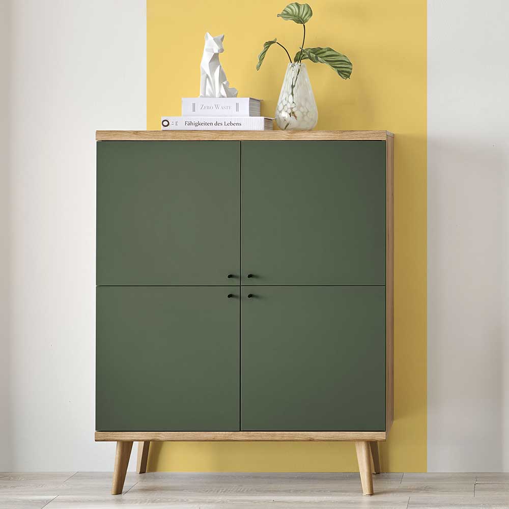 Wohnzimmer Highboard Lora in Graugrün und Wildeichefarben