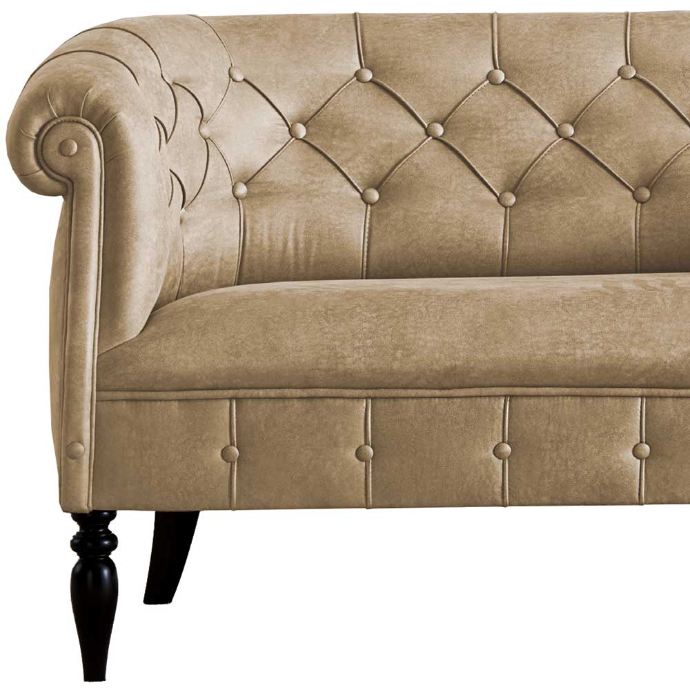 Chesterfield Couch Reclas in Beige mit Vierfußgestell aus Holz